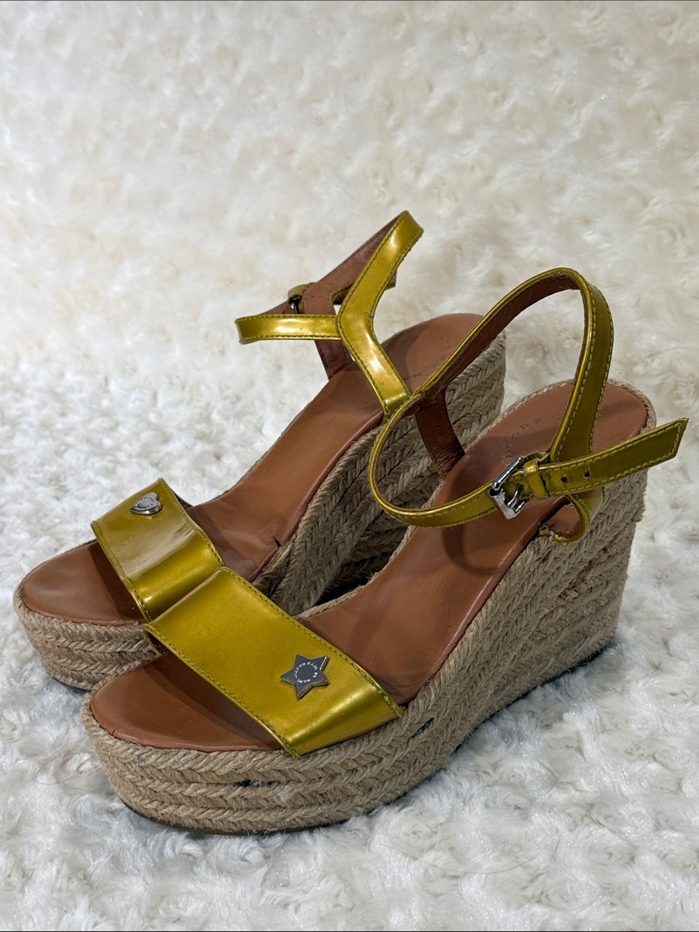 Marc Jacobs Metallic Gold Wedge Espadrille Sandals, sz 37.5